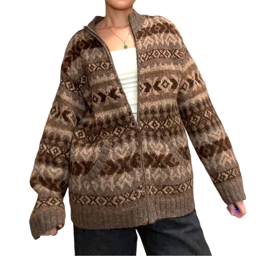 Vintage Ralph Lauren Alpaca Wool Zip Sweater Brown Nordic Design Size Large boho